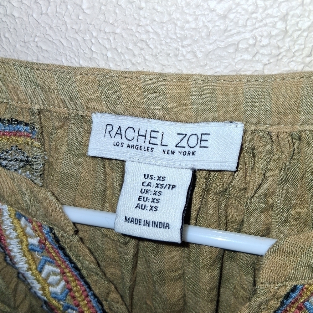 Rachel Zoe Olive Green Embroidered Aztec Tunic Top XS - Picture 4 of 6